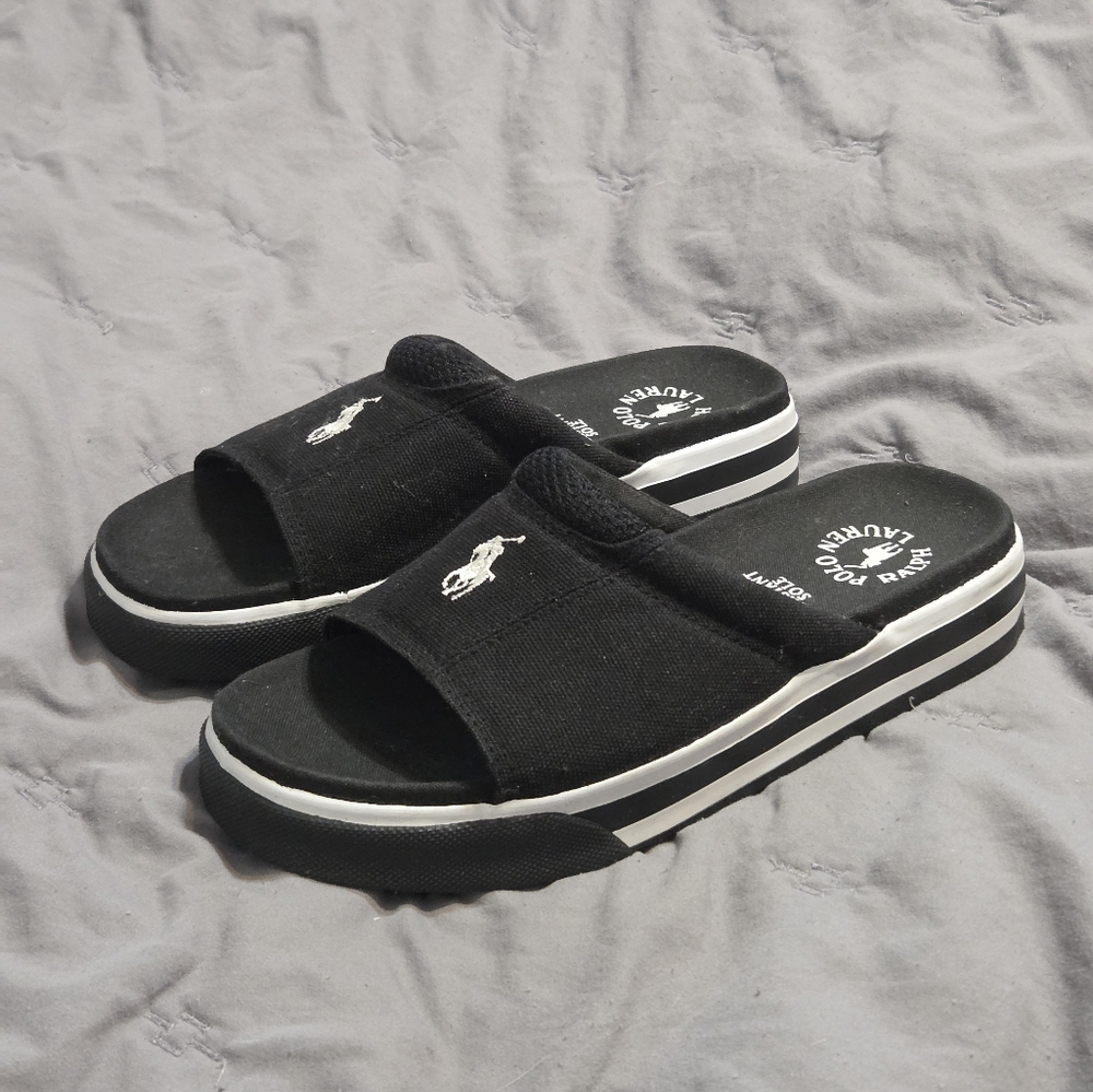 Polo Ralph Lauren 90s Platform Slides Sandals 7.5 Black White Preppy VTG Sporty